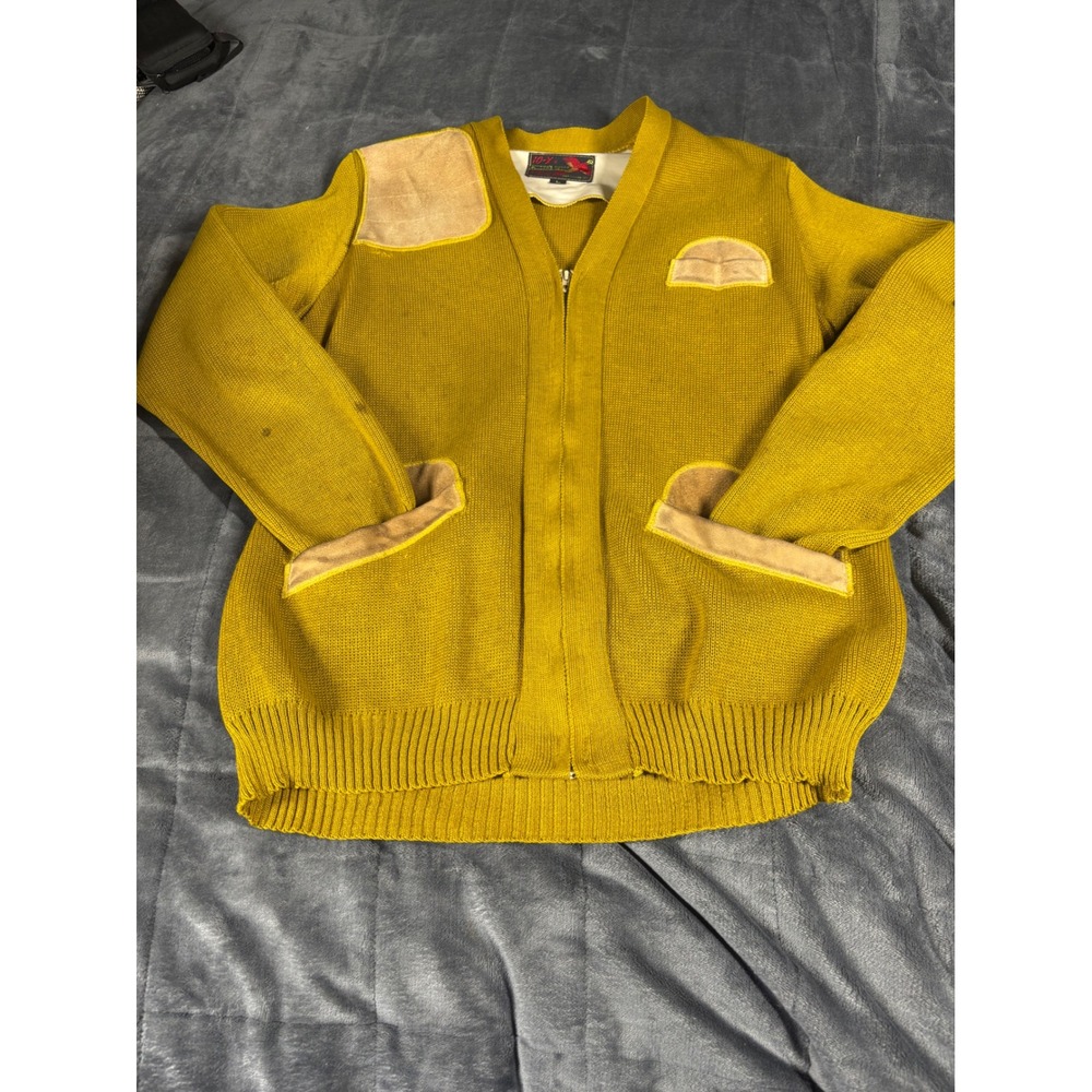 Vintage 10-X Shooting Cardigan Sweater Mustard‎ Yellow Suede Patches Mens Large